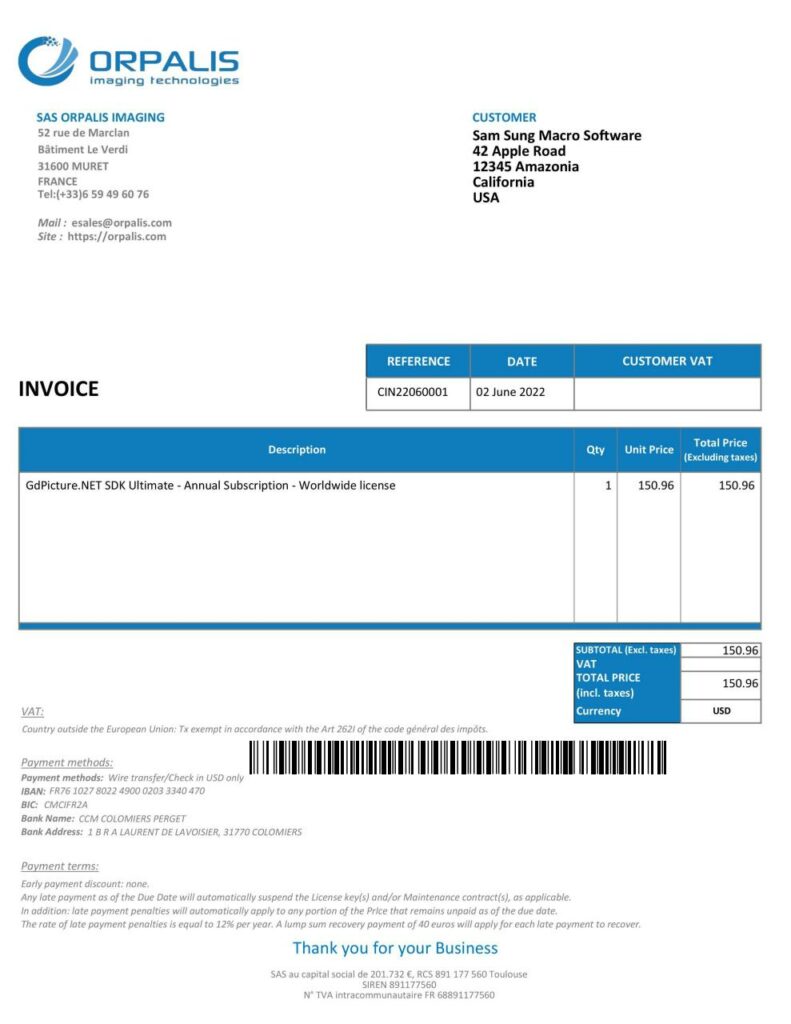 Invoice in PDF format with barcode
